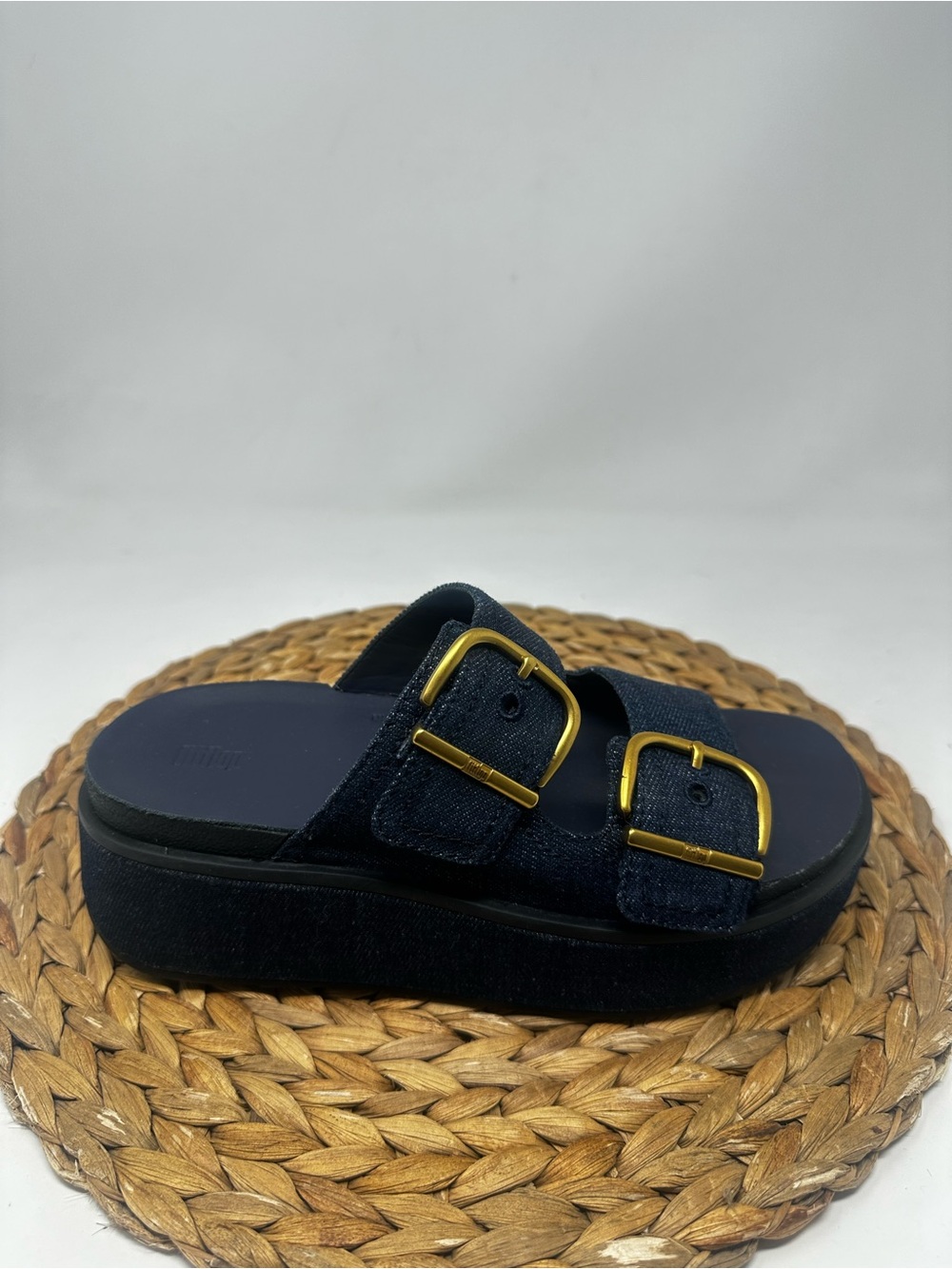 FitFlop Gen FF Max Buckle Two Bar Denim Slides Dark Denim Size 7 Women's
